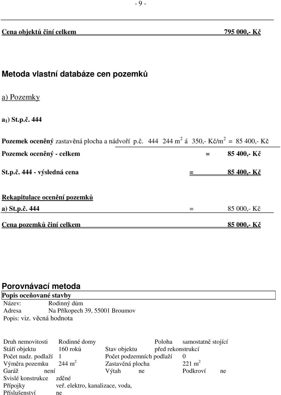 věcná hodnota Druh nemovitosti Rodinné domy Poloha samostatně stojící Stáří objektu 160 roků Stav objektu před rekonstrukcí Počet nadz.