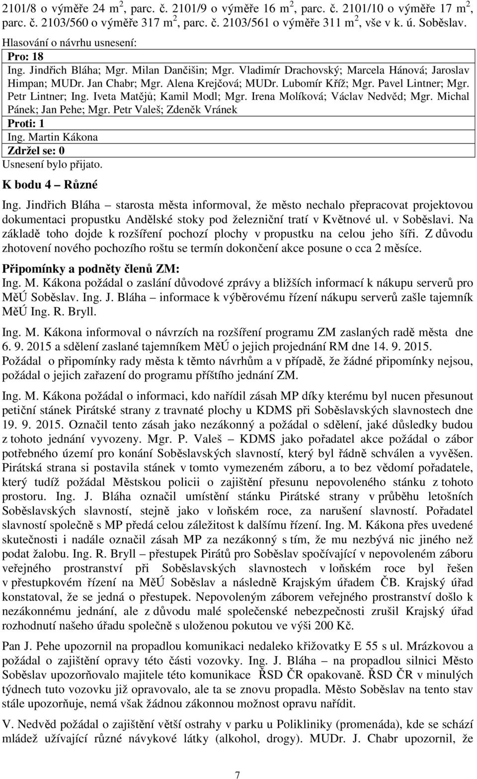 Michal Pánek; Jan Pehe; Mgr. Petr Valeš; Zdeněk Vránek Proti: 1 Ing. Martin Kákona K bodu 4 Různé Ing.