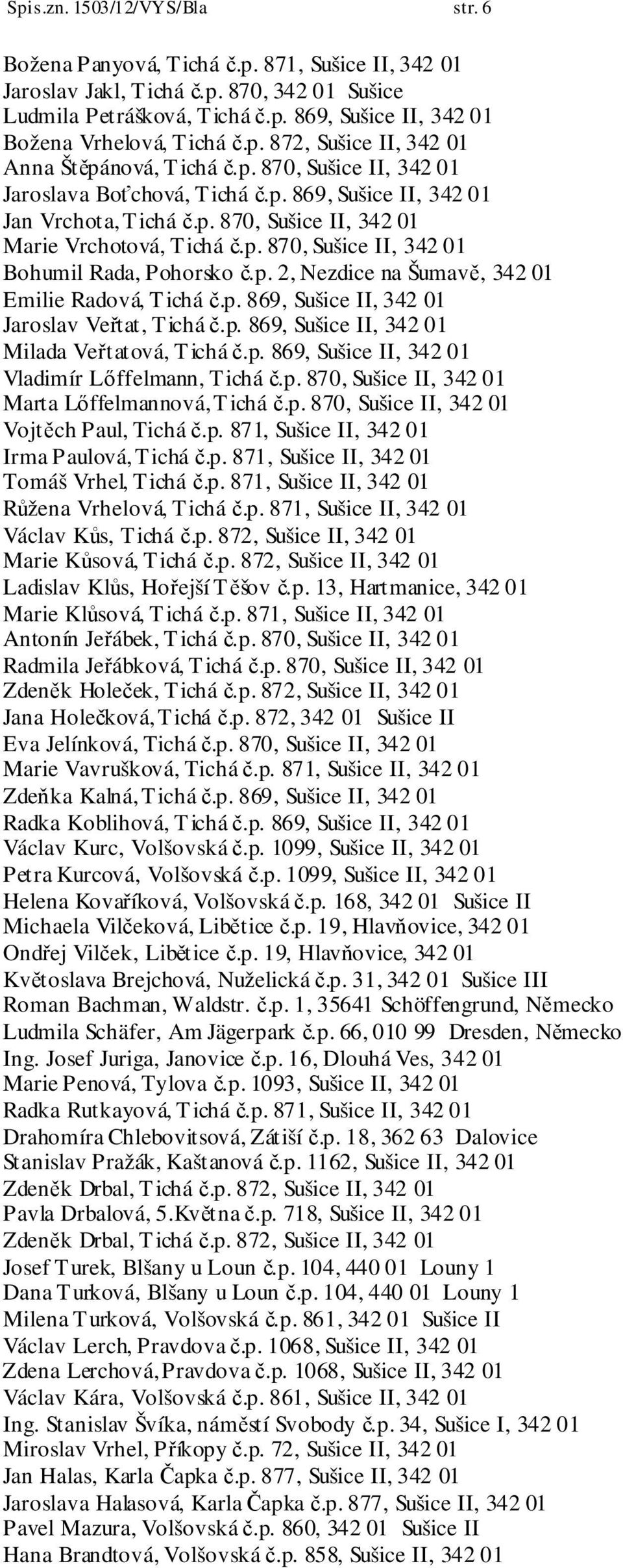 p. 870, Sušice II, 342 01 Bohumil Rada, Pohorsko č.p. 2, Nezdice na Šumavě, 342 01 Emilie Radová, Tichá č.p. 869, Sušice II, 342 01 Jaroslav Veřtat, Tichá č.p. 869, Sušice II, 342 01 Milada Veřtatová, Tichá č.