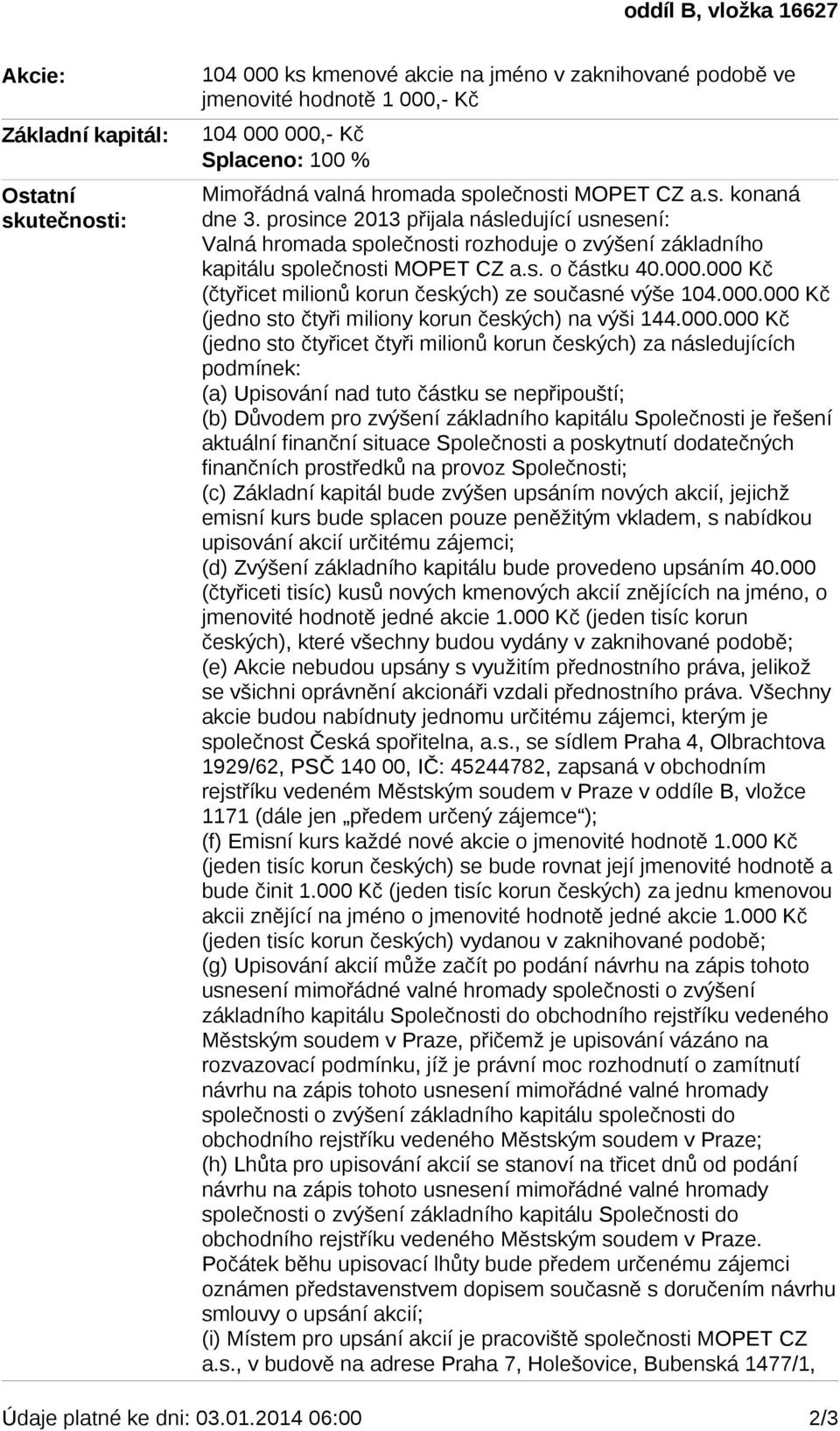 000.000 Kč (čtyřicet milionů korun českých) ze současné výše 104.000.000 Kč (jedno sto čtyři miliony korun českých) na výši 144.000.000 Kč (jedno sto čtyřicet čtyři milionů korun českých) za