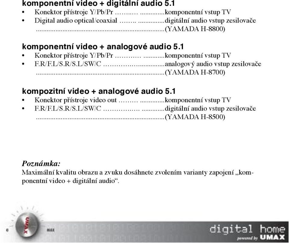 ...analogový audio vstup zesilovače...(yamada H-8700) kompozitní video + analogové audio 5.1 Konektor přístroje video out...komponentní vstup TV F.R/F.L/S.