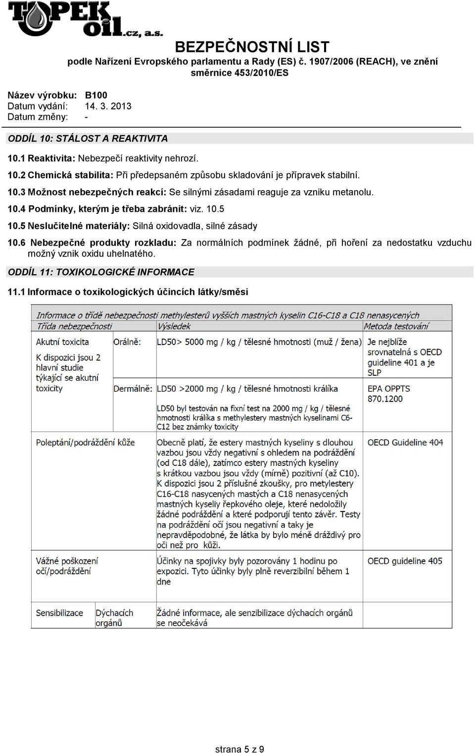 5 Neslučitelné materiály: Silná oxidovadla, silné zásady 10.