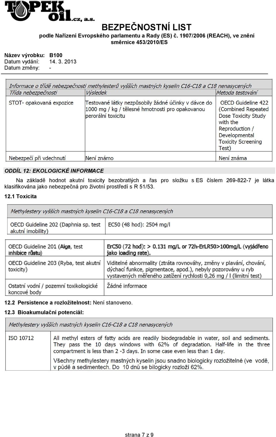 klasifikována jako nebezpečná pro životní prostředí s R 51/53. 12.