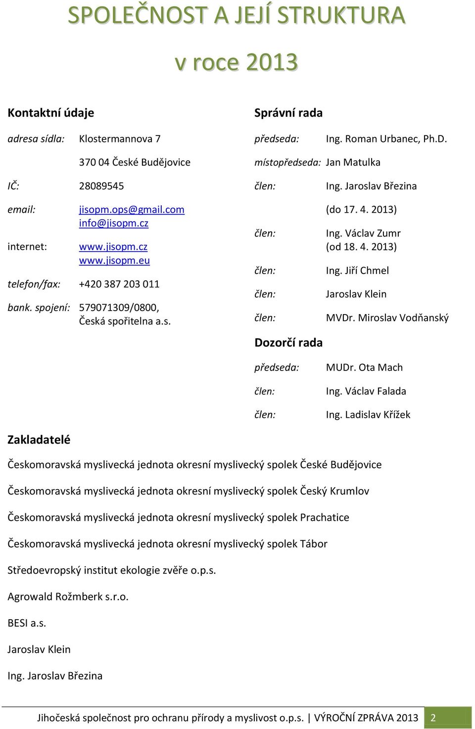 spojení: 579071309/0800, Česká spořitelna a.s. člen: člen: člen: člen: Dozorčí rada (do 17. 4. 2013) Ing. Václav Zumr (od 18. 4. 2013) Ing. Jiří Chmel Jaroslav Klein MVDr.