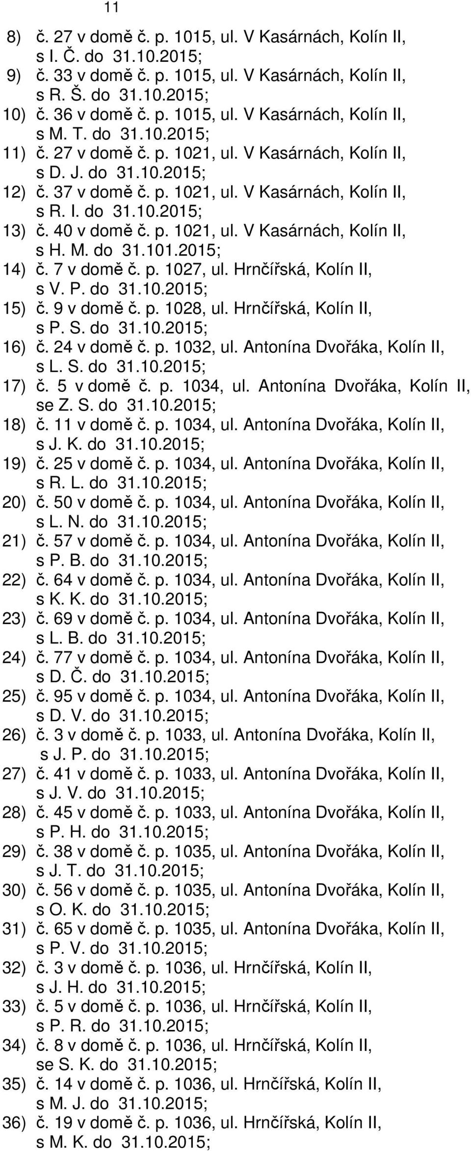 M. do 31.101.2015; 14) č. 7 v domě č. p. 1027, ul. Hrnčířská, Kolín II, s V. P. do 31.10.2015; 15) č. 9 v domě č. p. 1028, ul. Hrnčířská, Kolín II, s P. S. do 31.10.2015; 16) č. 24 v domě č. p. 1032, ul.