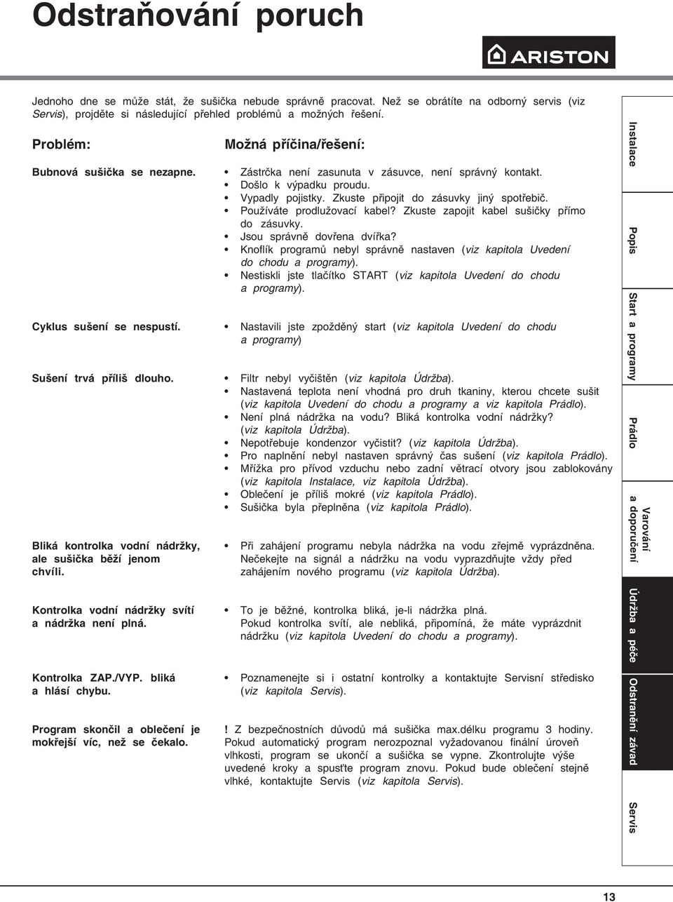 Používáte prodlužovací kabel? Zkuste zapojit kabel sušičky přímo do zásuvky. Jsou správně dovřena dvířka? Knoflík programů nebyl správně nastaven (viz kapitola Uvedení do chodu a programy).