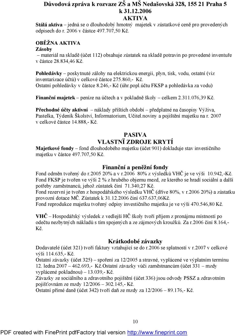 Pohledávky poskytnuté zálohy na elektrickou energii, plyn, tisk, vodu, ostatní (viz inventarizace účtů) v celkové částce 275.860,- Kč. Ostatní pohledávky v částce 8.246,- Kč (úhr.popl.