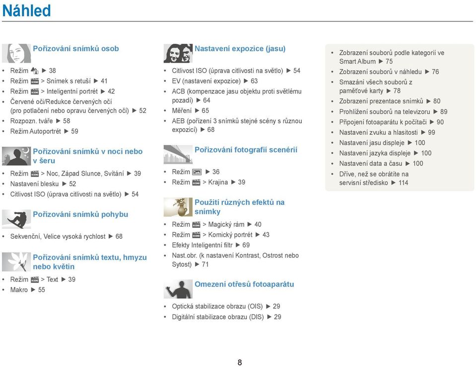 Sekvenční, Velice vysoká rychlost 68 Pořizování snímků textu, hmyzu nebo květin Režim s > Text 39 Makro 55 Nastavení expozice (jasu) Citlivost ISO (úprava citlivosti na světlo) 54 EV (nastavení