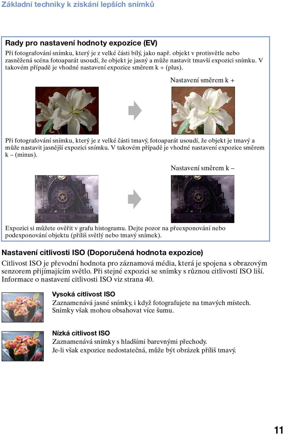 Nastavení směrem k + Při fotografování snímku, který je z velké části tmavý, fotoaparát usoudí, že objekt je tmavý a může nastavit jasnější expozici snímku.