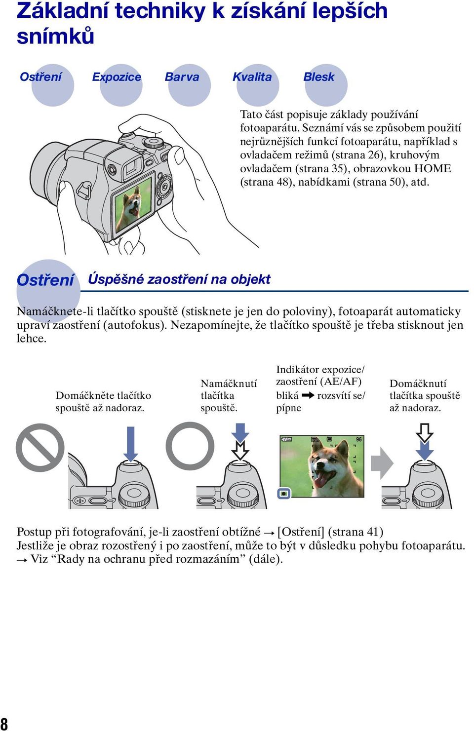 Ostření Úspěšné zaostření na objekt Namáčknete-li tlačítko spouště (stisknete je jen do poloviny), fotoaparát automaticky upraví zaostření (autofokus).