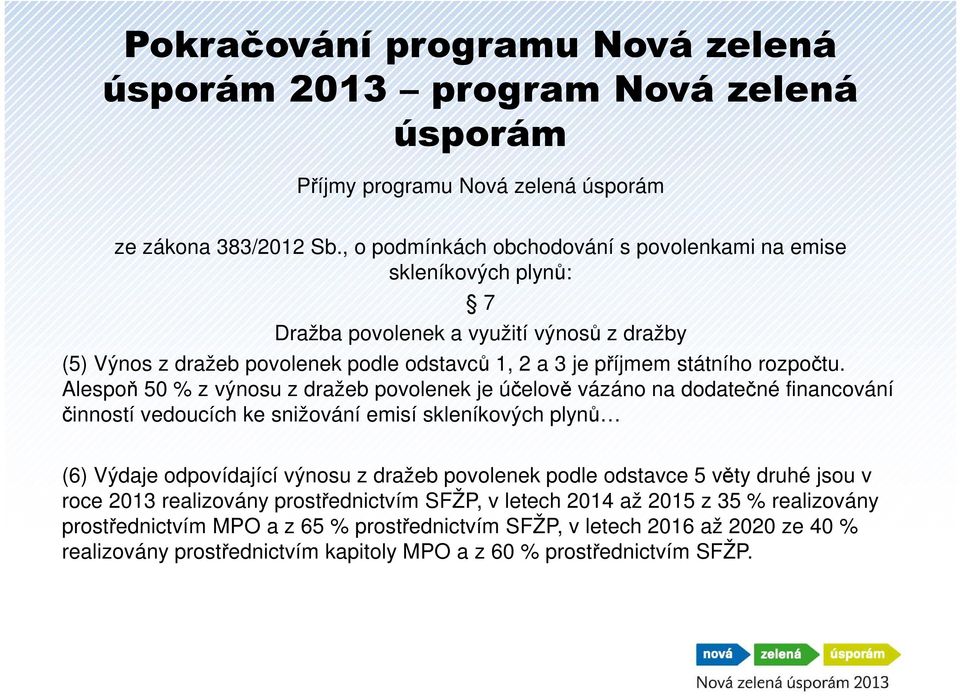 Alespoň 50 % z výnosu z dražeb povolenek je účelově vázáno na dodatečné financování činností vedoucích ke snižování emisí skleníkových plynů (6) Výdaje odpovídající výnosu z dražeb povolenek podle