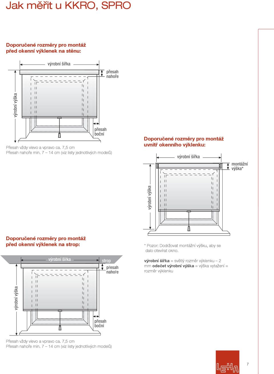 7 14 cm (viz listy jednotlivých modelů) Doporučené rozměry pro montáž uvnitř okenního výklenku: výrobní šířka montážní výška* výrobní výška Doporučené rozměry pro montáž před