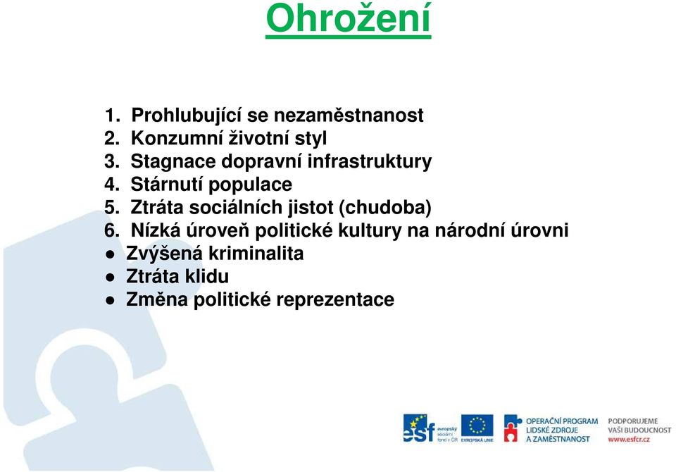 Stárnutí populace 5. Ztráta sociálních jistot (chudoba) 6.