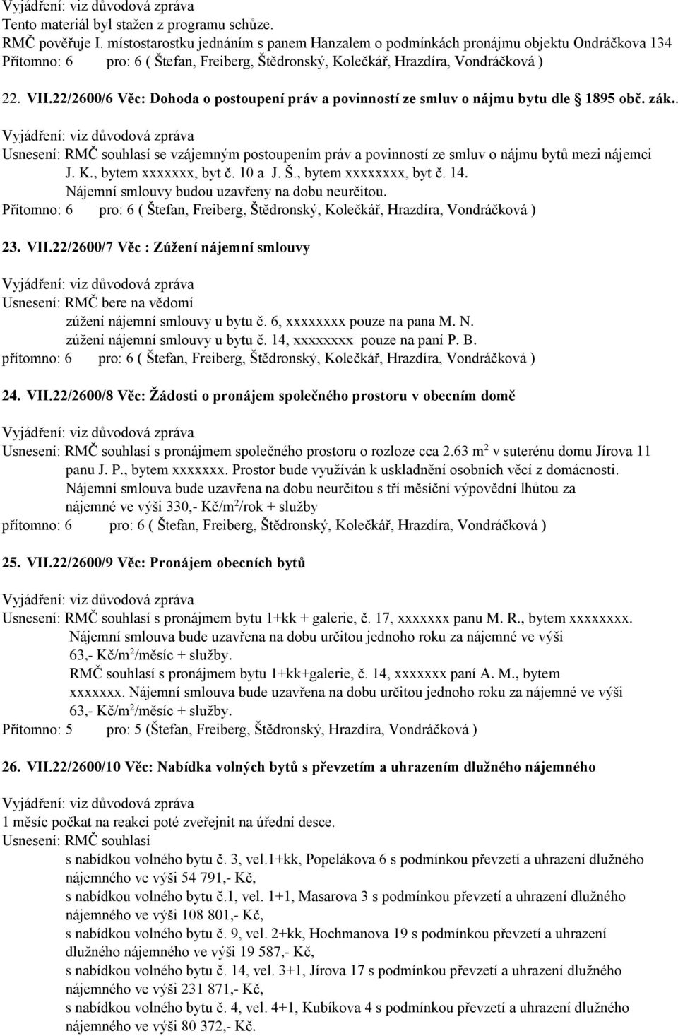 K., bytem xxxxxxx, byt č. 10 a J. Š., bytem xxxxxxxx, byt č. 14. Nájemní smlouvy budou uzavřeny na dobu neurčitou. 23. VII.