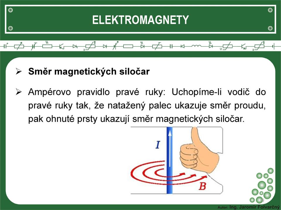 tak, že natažený palec ukazuje směr proudu,