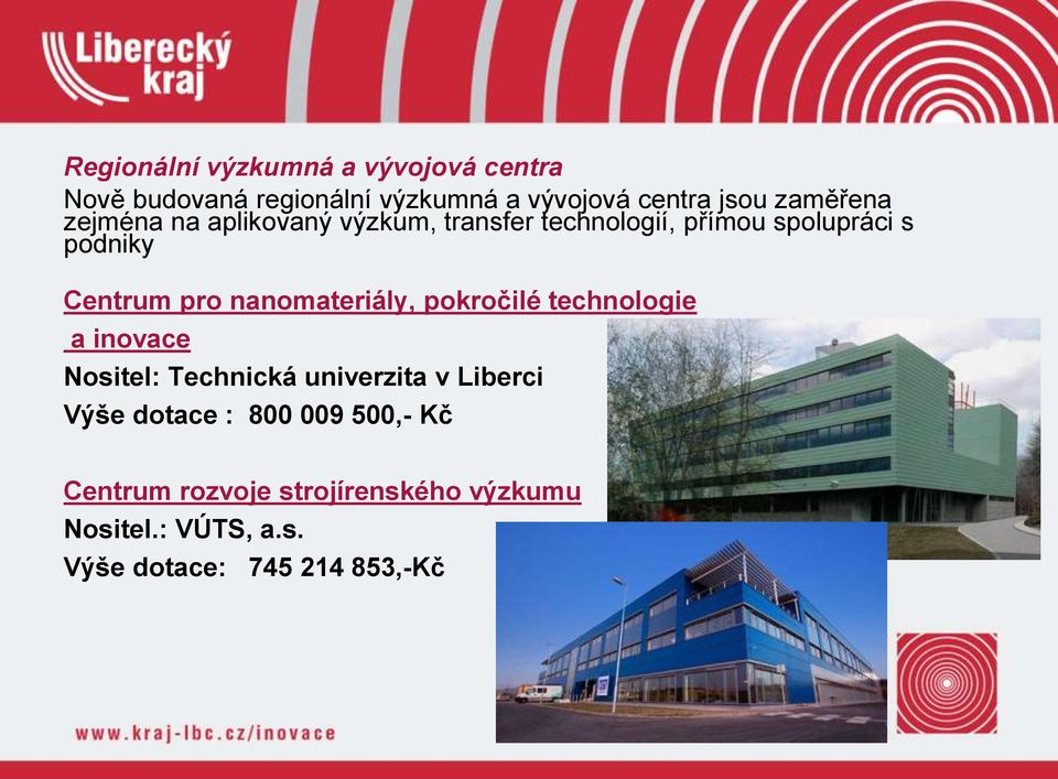 nanomateriály, pokročilé technologie a inovace Nositel: Technická univerzita v Liberci Výše dotace :