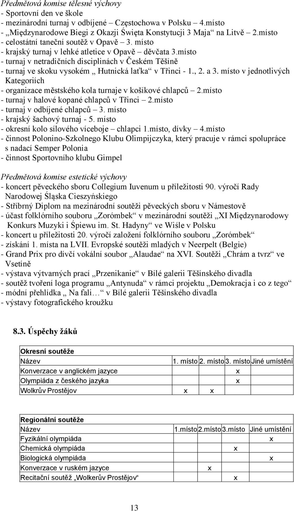 místo - turnaj v netradičních disciplinách v Českém Těšíně - turnaj ve skoku vysokém Hutnická laťka v Třinci - 1., 2. a 3.