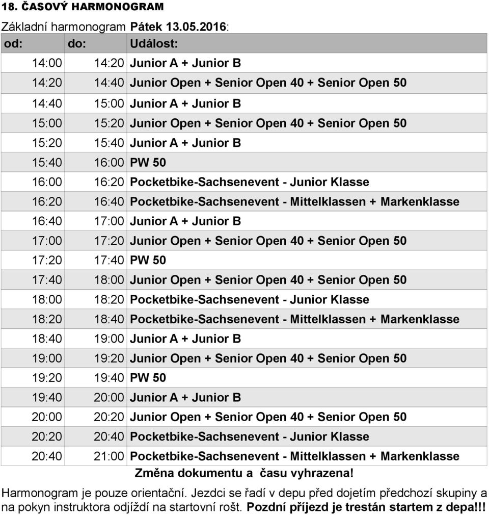 50 15:20 15:40 Junior A + Junior B 15:40 16:00 PW 50 16:00 16:20 Pocketbike-Sachsenevent - Junior Klasse 16:20 16:40 Pocketbike-Sachsenevent - Mittelklassen + Markenklasse 16:40 17:00 Junior A +