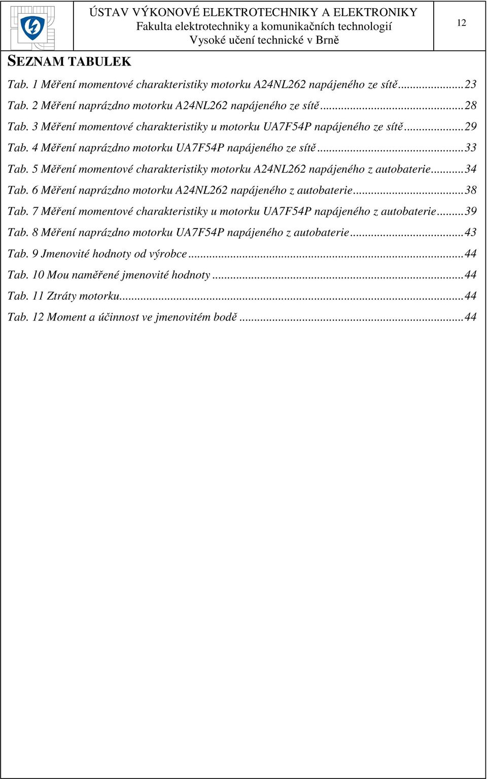 5 Měření momentové charakteristiky motorku A24NL262 napájeného z autobaterie...34 Tab. 6 Měření naprázdno motorku A24NL262 napájeného z autobaterie...38 Tab.