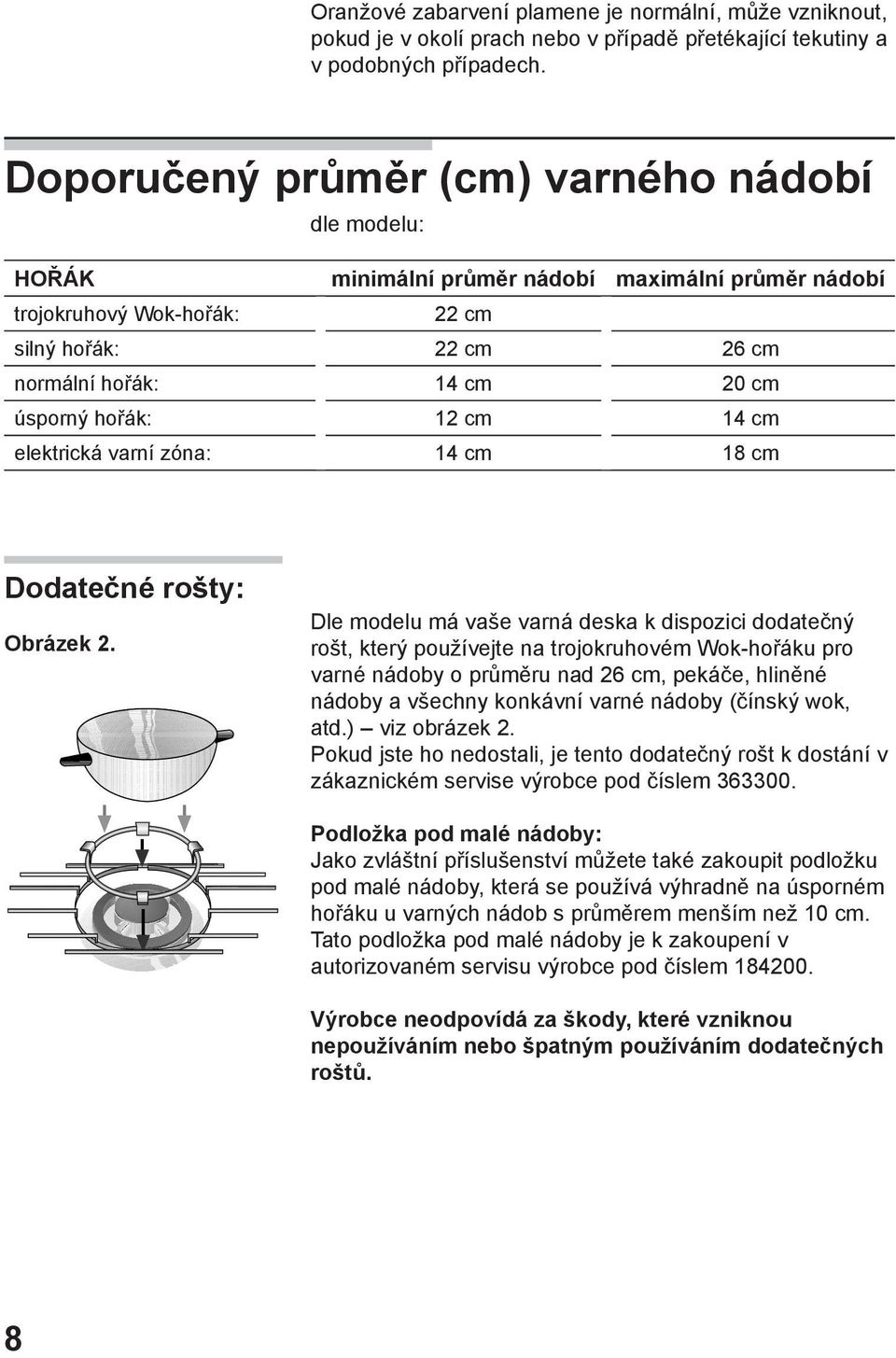 hořák: 12 cm 14 cm elektrická varní zóna: 14 cm 18 cm Dodatečné rošty: Obrázek 2.