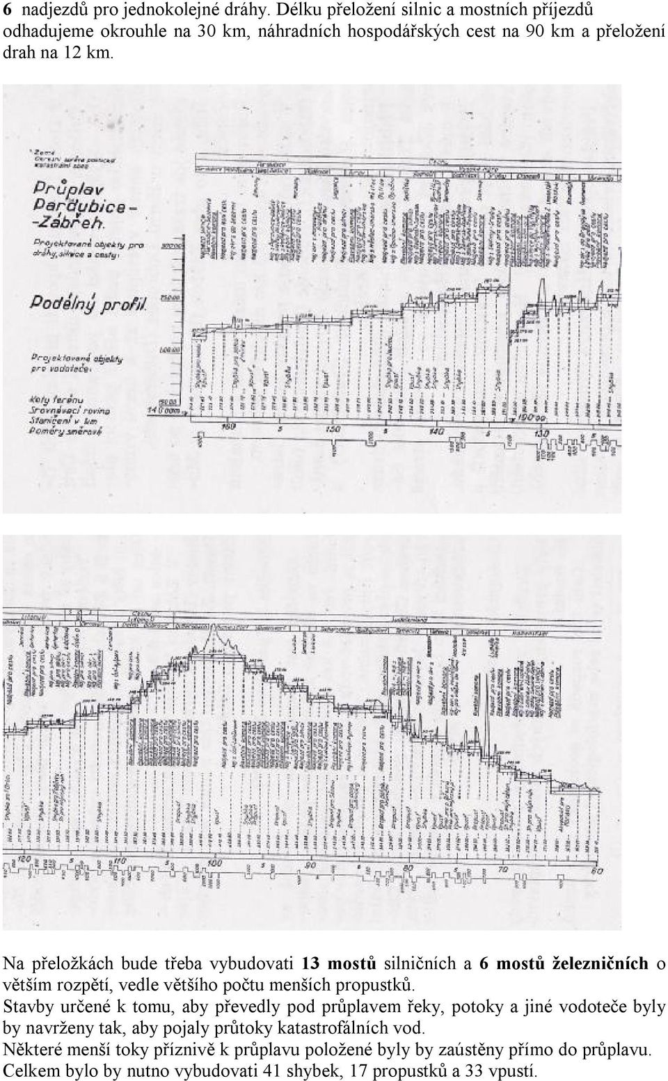 Na přeložkách bude třeba vybudovati 13 mostů silničních a 6 mostů železničních o větším rozpětí, vedle většího počtu menších propustků.