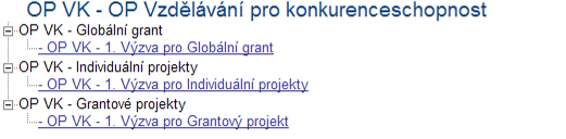 Výběrem operačního programu se otevře nabídka vyhlášených Výzev a výběrem příslušné výzvy se již spustí konkrétní nabídka jednotlivých formulářů/záložek pro tvorbu žádosti. Pozor!