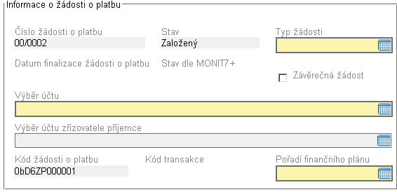 Obrázek 117: Záloţka Ţádost o platbu Část Informace o ţádost o platbu - Číslo ţádosti o platbu (předvyplněno) Identifikační číslo vyplňované ŢOP ve formátu zz/yyyy 15.