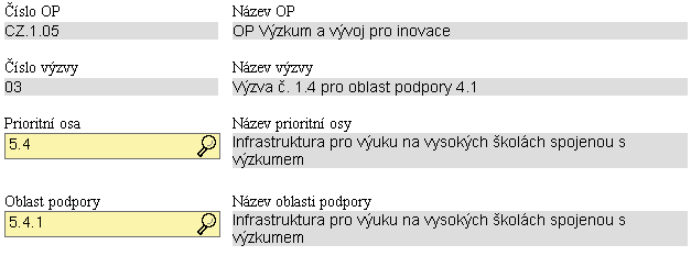 Další části slouţí k vyplnění základních identifikačních údajů: Obrázek 35: Záloţka Projekt Část I - Číslo OP (předvyplněno) - Číslo operačního programu (CZ 1.