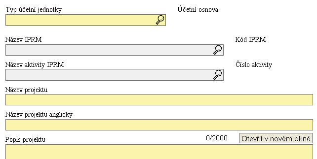 Obrázek 36: Záloţka Projekt Část II - Typ účetní jednotky (předdefinovaný výběr) - Účetní osnova (předvyplněno) - Název IPRM (předdefinovaný výběr) Ţadatel musí být zapojen do jiţ schváleného IPRM.