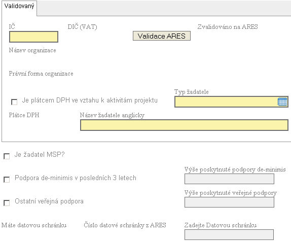 14.3. Ţadatel projektu (PO 1-5) Záloţka obsahuje základní údaje o ţadateli o podporu. Část údajů se automaticky doplní po úspěšné validaci IČ ţadatele (viz. kap. 12, vč.