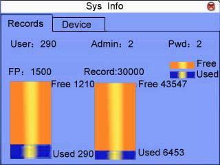 3.7 SYSTÉM info Zobrazí informace systému, jako aktuální stav, verzi zařízení, MAC adresu, sériové číslo 3.7.1 Záznamy Zobrazí počet přihlášených uživatelů, správců, hesel, zápisů a kapacitu otisků prstů.