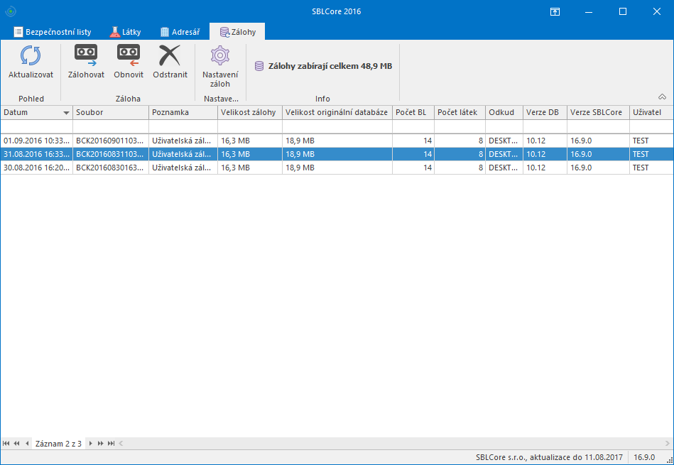 23 SBLCore 2016 ZÁLOHA Tlačítkem se zobrazí seznam záloh databáze. Je zde možné provést ruční zálohu dat, nastavit automatické zálohy nebo data ze záloh obnovovat.
