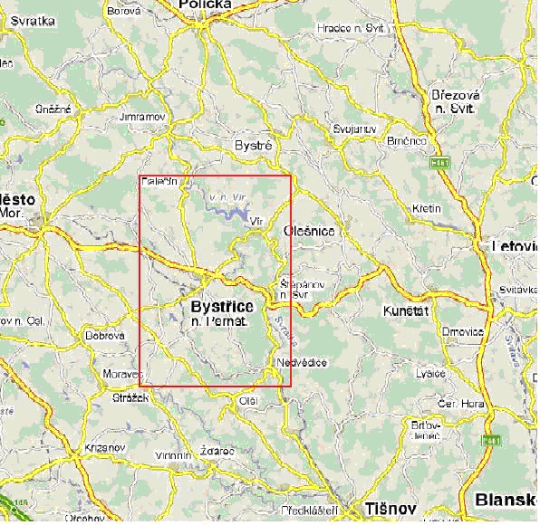 1.2 Cyklotrasy v mikroregionu 1.2.1 Stávajíc územní stav a geografie na Bystřicku Mikroregion Bystřicko je přibliţně ohraničen obcí Dalečín na severu, obcí Zvole na východě, Nedvědicí na jihu a řekou Svratkou na východě (Obr.