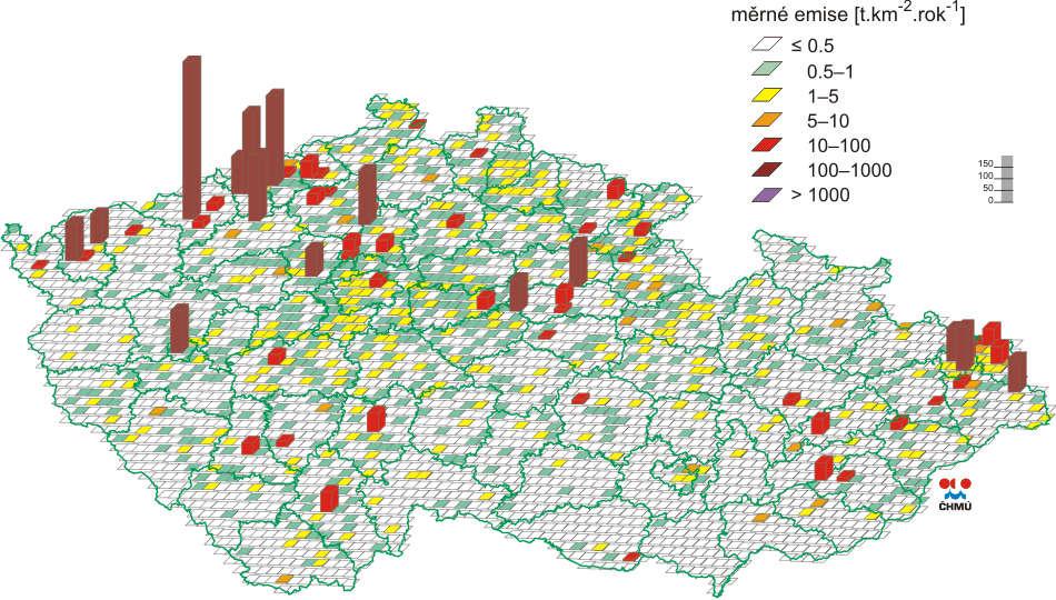 Z mapky je patrné, že největší emisní hustoty SO 2 připadají na oblast Ústeckého kraje, kde se nalézají hnědouhelné doly a