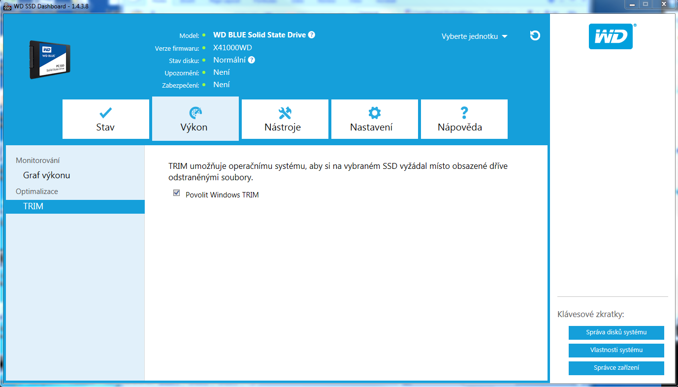 Výkon TRIM Funkce TRIM uvolňuje místo na disku SSD, které bylo použito odstraněnými soubory. Společnost WD doporučuje spouštět funkci TRIM každý týden.