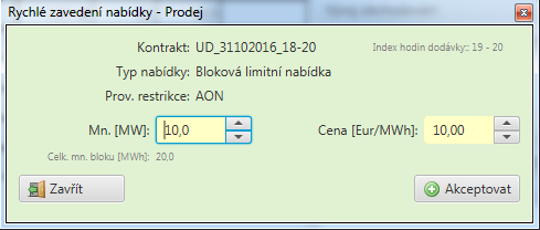 obchodování. Rozbalením kontraktu jsou zobrazeny čtyři nabídky s nejnižší cenou na prodej a čtyři nabídky s nejvyšší cenou za nákup. Zobrazení je provedeno na podbarvených řádcích.