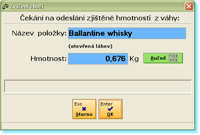 Restkasa 133 Pokud má položka správně zadané parametry alespoň jednoho typu obalu, pokud nebyla prozatím zvážena a pokud je zároveň aktivní volba "Automaticky otevírat okno vážení", otevře se ihned