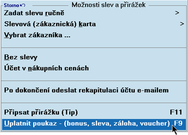 142 10.27.1 Bonusové poukázky Systém bonusových poukázek má dvě základní nastavení (konfigurace viz Zálohy, vouchery, poukazy): A) Upozornění při placení účtu o překročení Vámi zadané hodnoty.