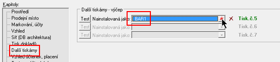 Agendy 53 2. Ve formuláři zaškrtněte tiskárny dle uvážení a potvrďte [OK]. Příklad: Situace: 1 středisko, 2 bary (hlavní a pomocný na terase).