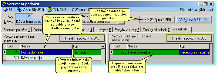 58 8.4.8 Záložka "Závislosti" Jednotlivé položky sortimentu na sobě různým způsobem závisejí. Některé položky závisejí na svých surovinách, a naopak mohou samy sloužit jako suroviny (tj.