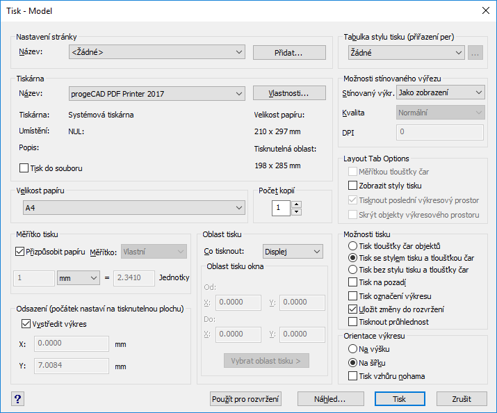 5.11. VÝSTUP 5.11.1. Tisk Tento panel obsahuje funkce pro tisk a nastavení tisku z výkresu. 5.11.1.1. Tisk... V progecadu existují dva způsoby tisku.