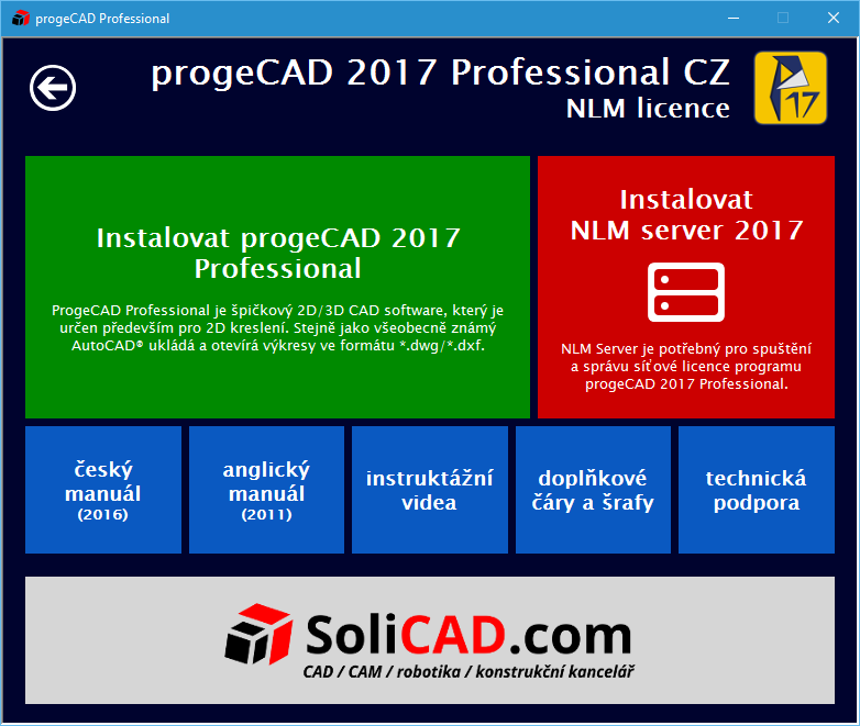 2. INSTALACE PROGRAMU Instalaci poslední verze progecadu 2017 naleznete vždy na stránkách SoliCAD.com SoliCAD.com Produkty 2D CAD progecad Ke stažení Přímý odkaz na sekci Ke stažení.