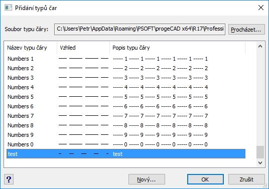 6.5.1.2. Tvorba vlastního typu čáry pomocí příkazového řádku: 1. Do příkazové řádky zadejte _-LINETYPE, zvolte volbu V (vytvořit) a zadejte jméno nového typu čáry. 2.