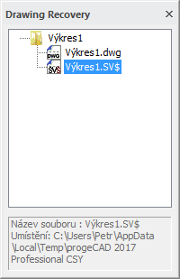 7. OBNOVENÍ 7.1. Obnovení automatické zálohy ProgeCAD po pádu aplikace a opětovném spuštění nabídne automatické obnovení všech dostupných výkresů v dialogu Obnovení výkresu.