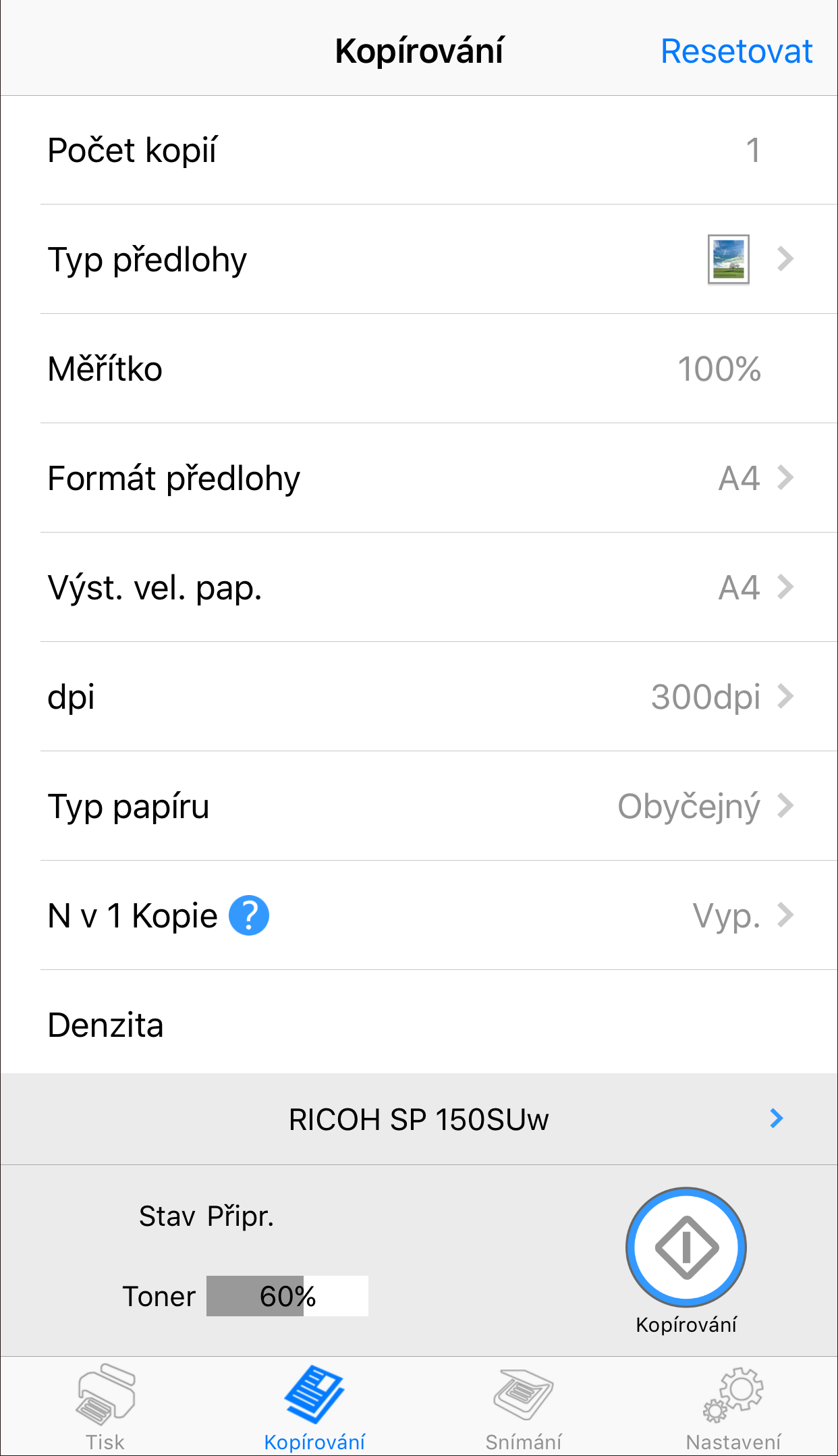 Kopírování (pouze u modelů SP 150w a SP 150SUw) Nastavení zadaná pomocí této aplikace se budou vztahovat pouze na případ, kdy se tiskárna ovládá pomocí aplikace.