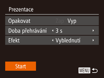 Změna nastavení prezentace Prohlížení prezentací Podle následujícího návodu lze automaticky přehrávat snímky na paměťové kartě. Každý snímek se zobrazí asi na dobu tří sekund.