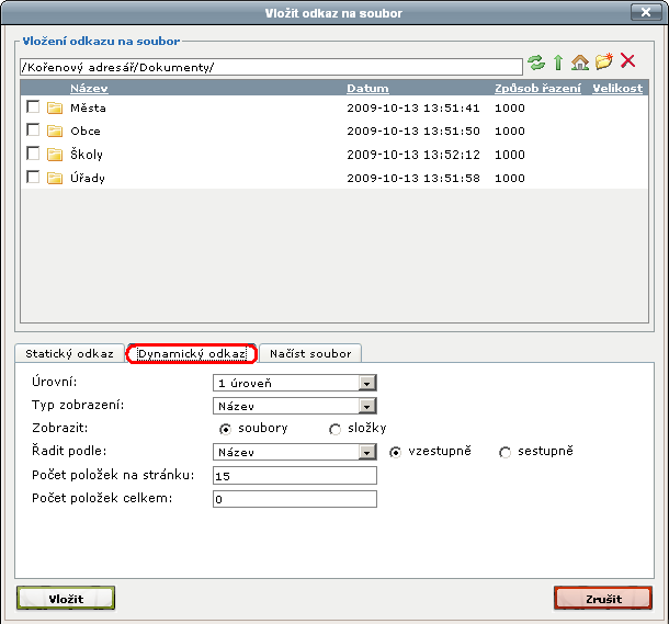 Ovlivnit lze počet úrovní, typ zobrazení, zda zobrazit soubory či složky, řazení, počet položek na stránku a počet položek celkem.