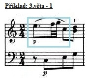 5.3 Allegretto Formální analýza Tato třetí věta je psána ve formě sonátové kombinované s rondem, podobně jako v první větě této sonáty. Motiv hlavního tématu (Příklad: 3.