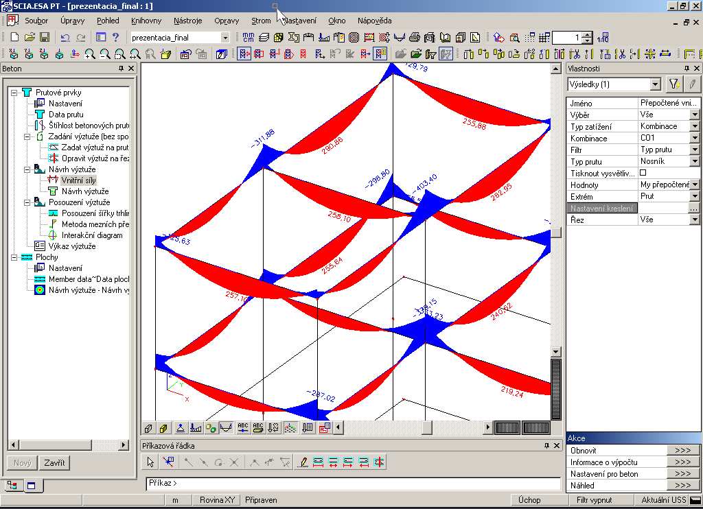 Vnitřní síly 6. VYZTUŽOVÁNÍ PRUTŮ Program umožňuje návrh celkové nutné výztuže nebo návrh nutné přídavné výztuže, která se dopočte k tzv. předpokládané výztuži definované v datech prutu.