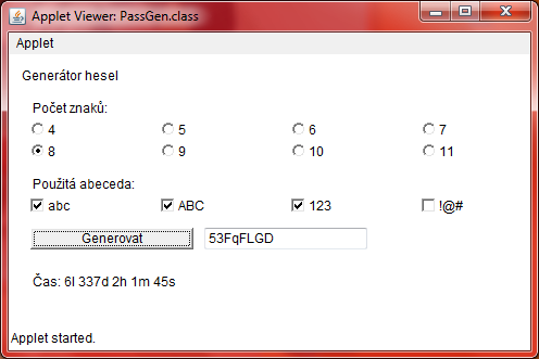 Obr. 5.4 Vzhled appletu Generátor hesla. Znaky a abecedy jsou voleny na základě generátoru náhodných čísel, zabudovaném přímo v kompilátoru jazyka Java.
